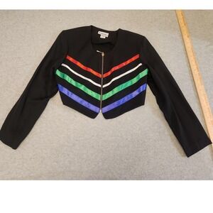 Vintage MENU Jacket Womens 8 Black Cropped Chevron‎ Stripes Zip Front Made USA